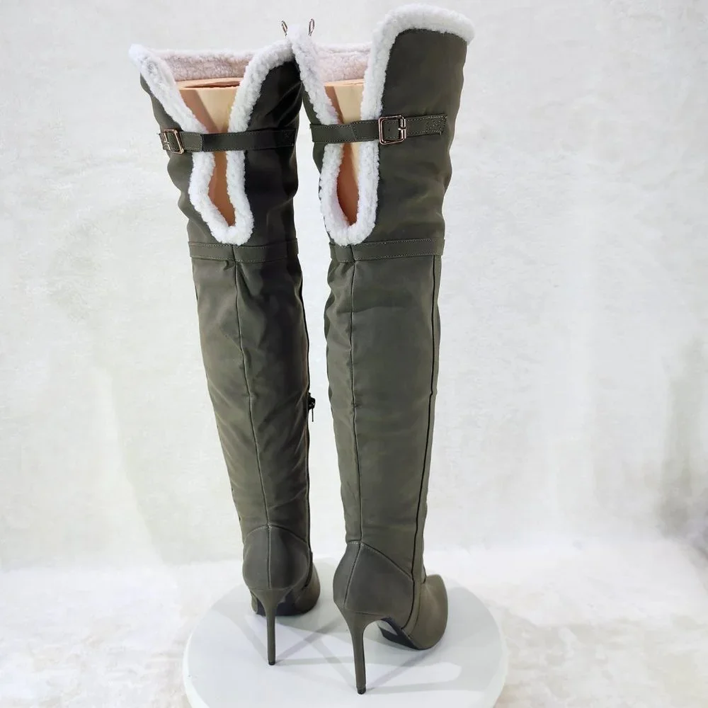 Olive Green Fluffy Fleece Lined  Fold Under / Over the Knee Pointy Toe Boots - Picture 4 of 13